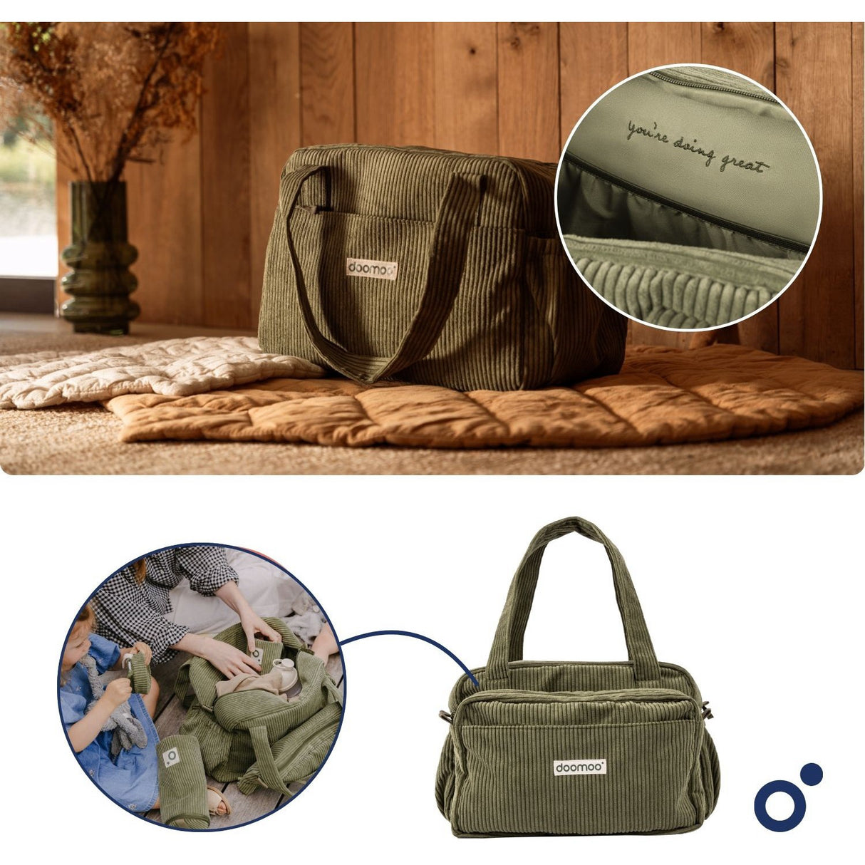 Doomoo Corduroy Khaki Diaper Väska Med 8 Tillbehör