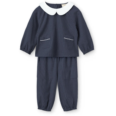 COPENHAGEN COLORS Brown Blue Check Comb. Checkered Baby Sett M/ Blus M/ Krage & Byxor