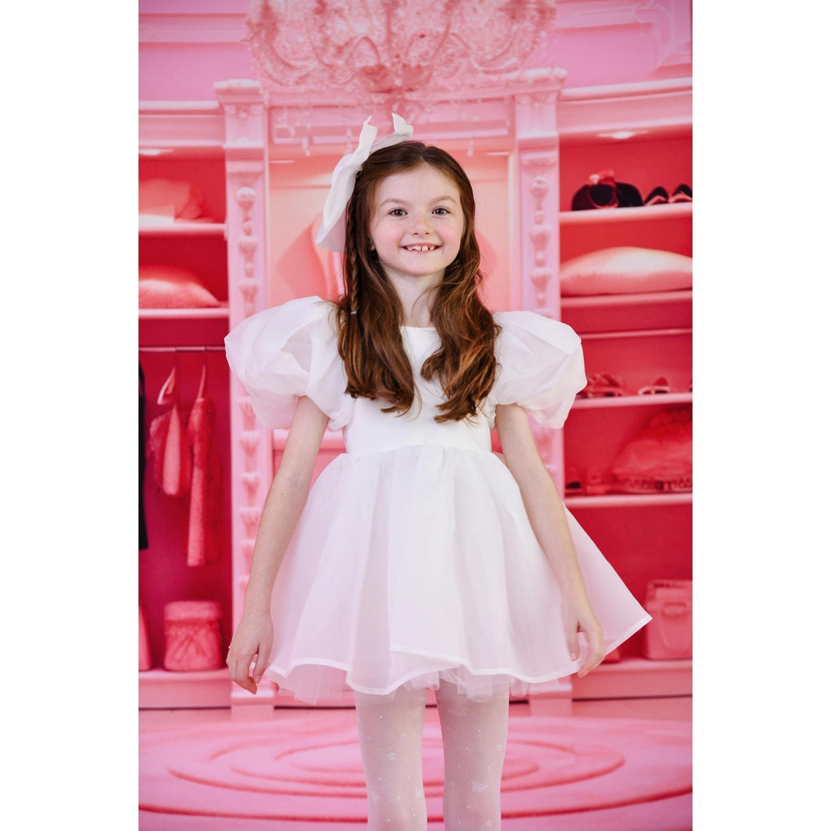 Dolly by Le Petit Tom White Dolly World V-Back Puff Sleeve Organza Tutu Klänning