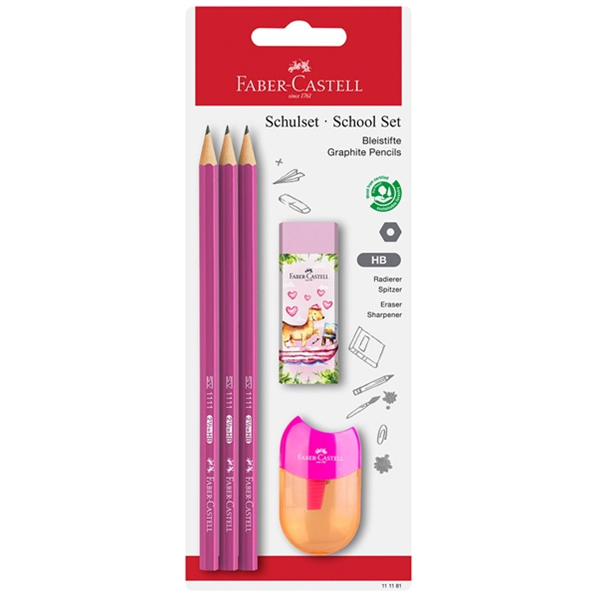 Faber-Castell 3 Pennor, 1 Vässare, Suddgummi Pink