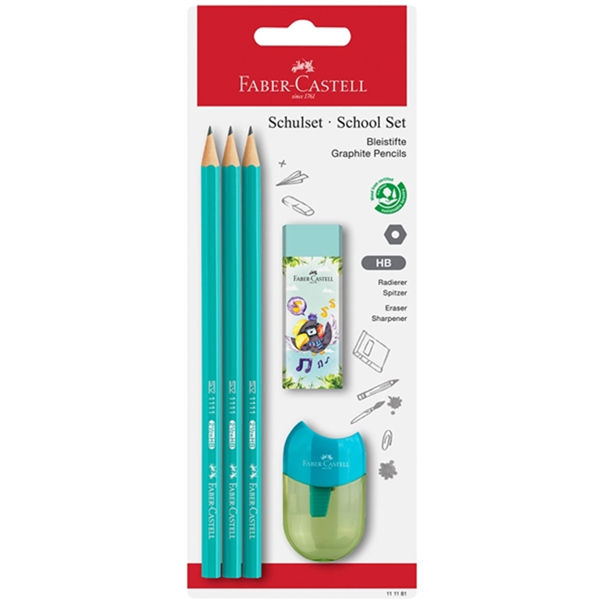 Faber-Castell 3 Pennor, 1 Vässare, Suddgummi Turkos