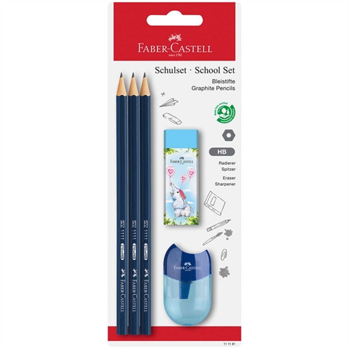 Faber-Castell 3 Pennor, 1 Vässare, Suddgummi Blå