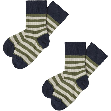 FUB Dark Navy/Olive 2-pack Classic Striped Strumpor