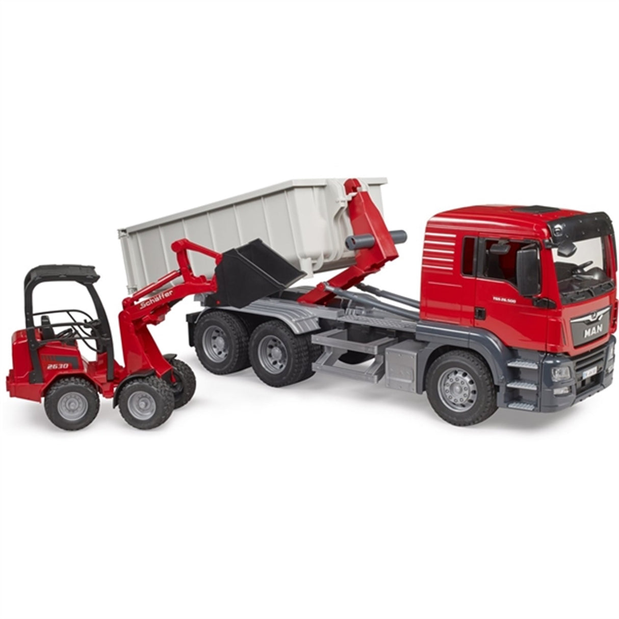 Bruder MAN TGS Truck with Roll-Off-Container and Schäffer loader