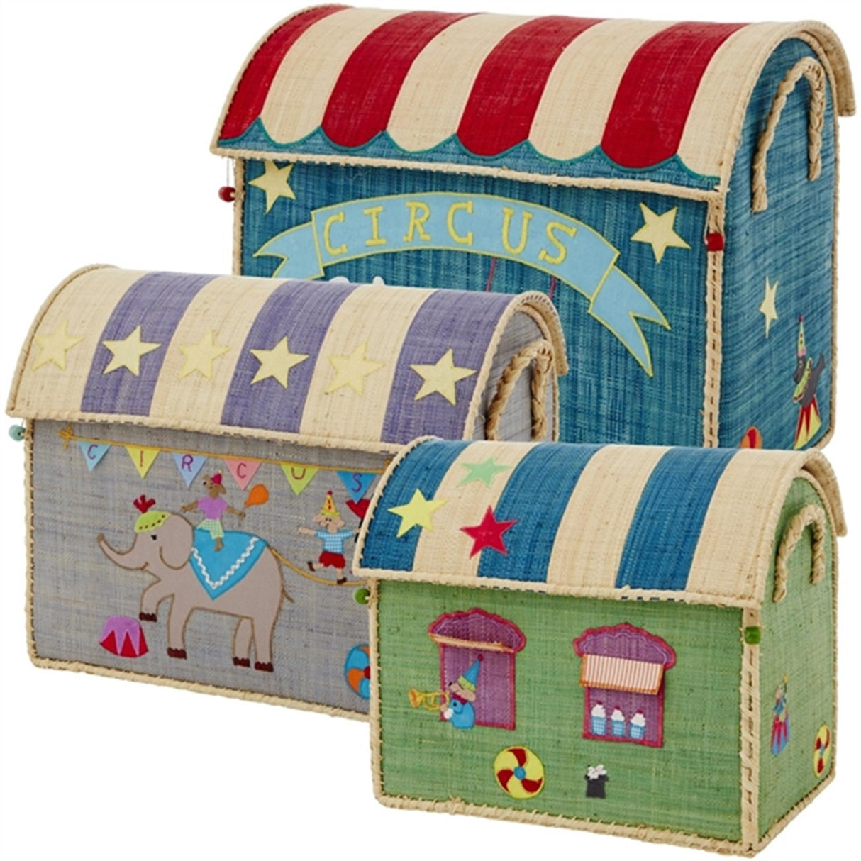 RICE Circus Theme Raffia Kurvehus til Opbevaring 3-pak