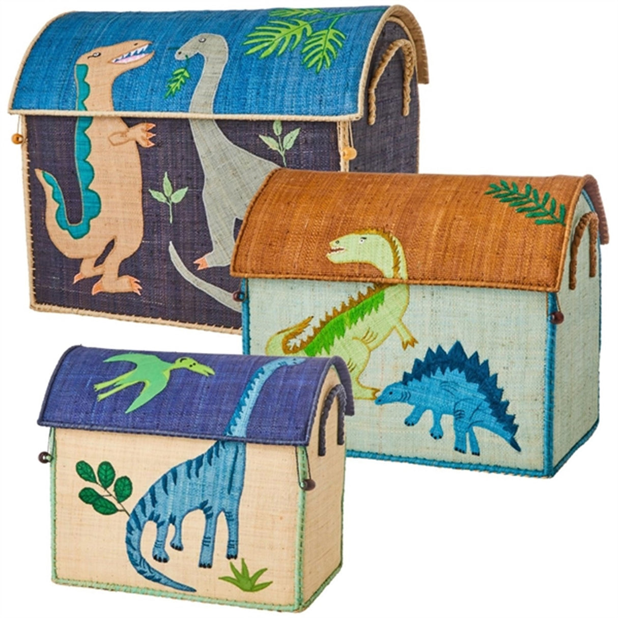 RICE Dinosaur Theme Raffia Kurvehus til Opbevaring 3-pak
