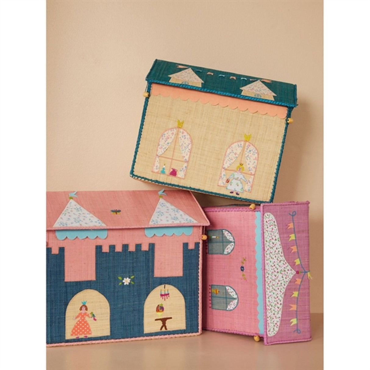 RICE Castle Theme Raffia Kurvehus til Förvaring 3-pack